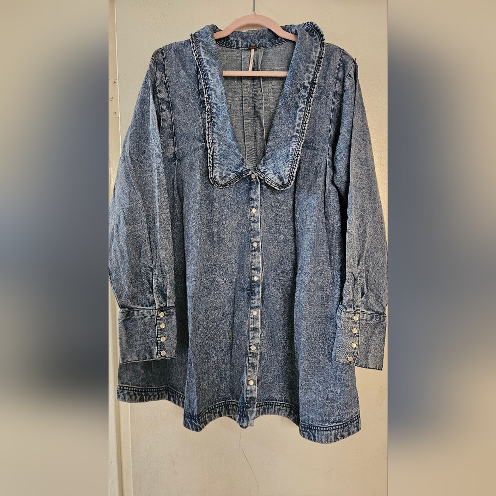Free People Blue Jean Jacket with Ruffled Collar